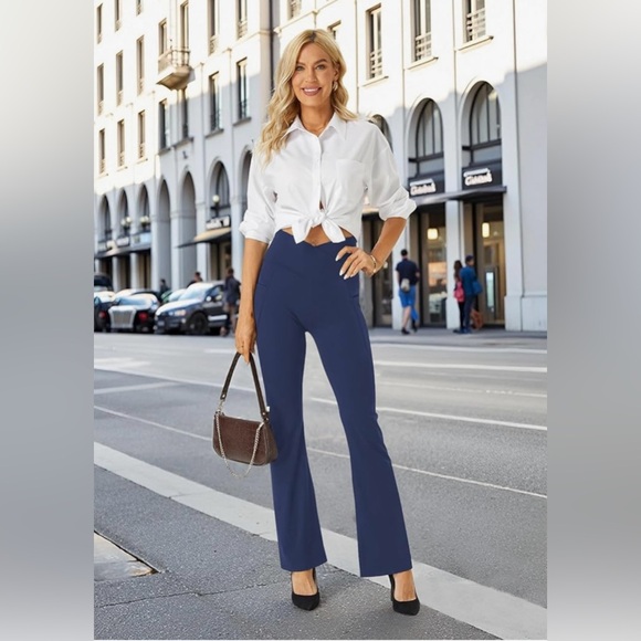 Navy Blue Flare Yoga Pants High Waisted Crossover Bootcut Leggings w Pockets - Picture 7 of 8